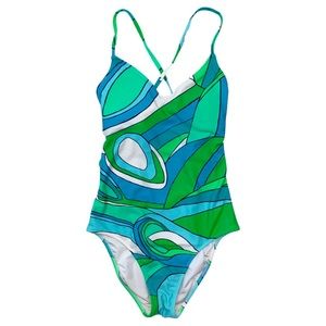 aerie One Piece Full Coverage Swimsuit Blue Green Geometric Abstract Beach Swim